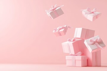 Wall Mural - Various pink gift boxes with ribbons appear to float against a soft pastel background, adding charm and joy to the celebration