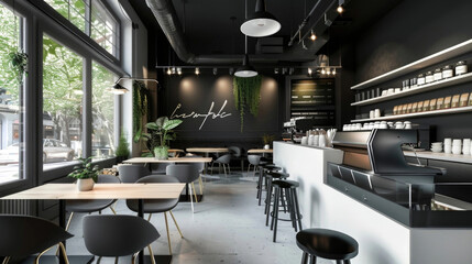 Modern Minimalist Coffee Shop Interior with Natural Light and Greenery