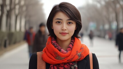 Wall Mural - Young woman with short black hair and a red scarf looking at the camera.