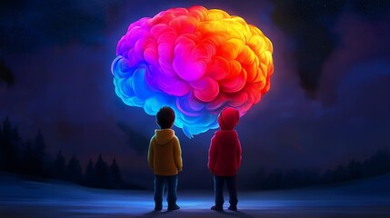 Canvas Print - Two young boys standing in front of a giant, glowing, brain-shaped cloud in a starry night sky.