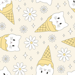 Wall Mural - Cat ice cream vector seamless pattern. Cat lover vibes background. 