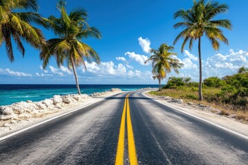 A scenic coastal road bordered by lush palm trees, pristine ocean waves, and a vibrant blue sky, offering a sense of freedom and adventure to travelers.