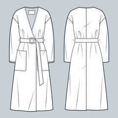 collarless coat technical fashion illustration. belted coat fashion flat technical drawing template,