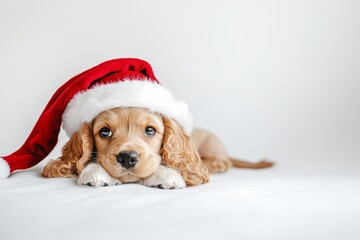 a cheerful cocker spaniel puppy lounges with a red santa hat on a white surface, embodying the holid