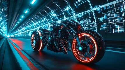 Wall Mural - Futuristic motorcycle with glowing red rim and blue lights driving in a tunnel.