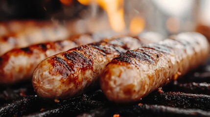 Close-up of grilled sausages sizzling on a barbecue grill with a lively flame in the background, evoking a sense of enjoyment and outdoor cooking tradition.