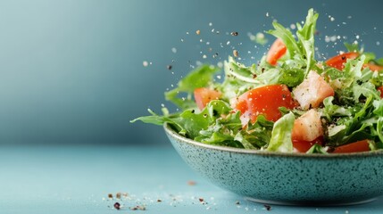 A vibrant fresh salad featuring juicy tomatoes and crisp arugula, seasoned to perfection, is artistically presented in a bowl, ready to offer a taste of freshness.