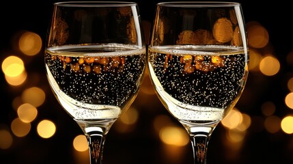 Celebrating with sparkling wine in elegant glasses against a backdrop of soft golden lights during a festive evening gathering