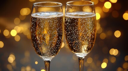 Two sparkling glasses of champagne are clinked together in celebration with a festive background of golden bokeh lights during a special occasion