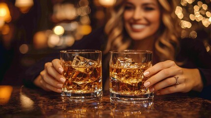 A woman enjoying two glasses of whiskey at a cozy bar with warm lighting and a festive atmosphere in the evening