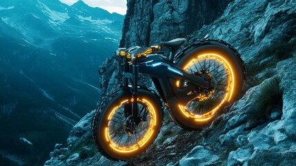 Wall Mural - Futuristic motorcycle with glowing wheels on a mountainside.