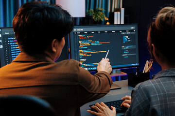 Smart IT developer looking at coding program application on computer screen of online website at back side, analyzing intelligent database system development on business marketing at office. Infobahn.