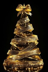 Poster - Elegant golden Christmas tree with lights and ribbons shining brightly on a dark background