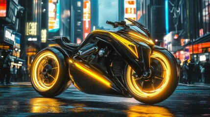 Futuristic motorcycle with glowing wheels parked on a city street at night.