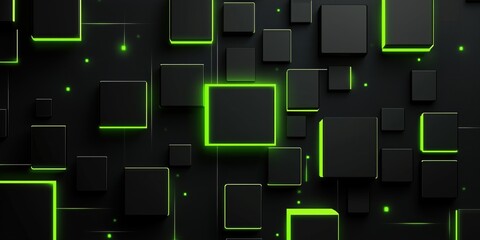 Wall Mural - abstract grid of green neon glowing squares on a dark black background, creating a sleek tech-inspir