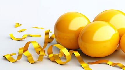 Wall Mural - Yellow glossy spheres on a white background decorated with golden ribbon.