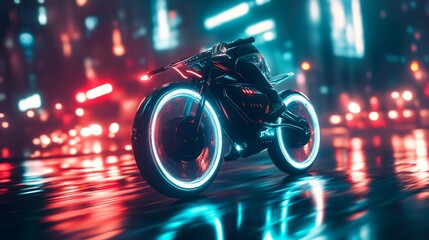 Wall Mural - Futuristic motorcycle with glowing wheels riding through a neon city at night.