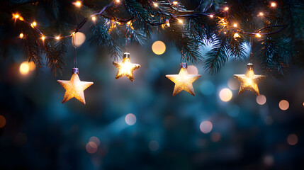 Wall Mural - christmas lights - stars string hanging at fir branches in abstract defocused background