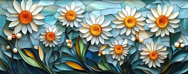 Wall Mural - A blue and white floral painting with a blue background