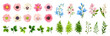 © naddya - Pink, blue, and white flowers and green leaves and grasses isolated on a white background. Set of vector floral design elements