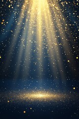 Poster - Golden rays of light shining down on a dark background filled with shimmering particles