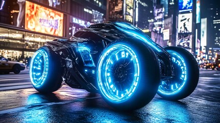 Wall Mural - Futuristic concept car with glowing blue wheels on a city street at night.