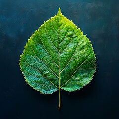 Wall Mural - A single green leaf on a dark blue background
