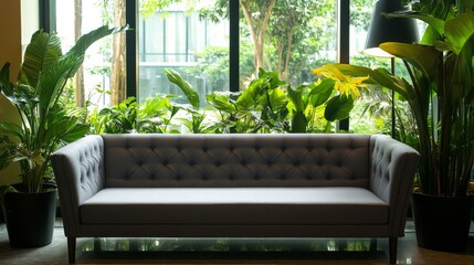 Poster - Cozy gray tufted sofa surrounded by lush indoor plants in bright natural light