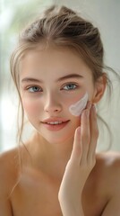 close-up portrait of a young woman with bright blue eyes applying moisturizer to her cheek, showcasi