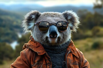 Koala in sunglasses and jacket posing stylishly in natural habitat