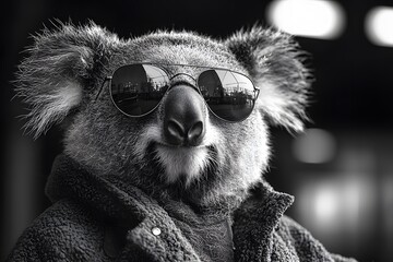 Stylish koala wearing sunglasses and jacket in urban setting