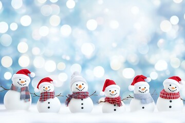 Wall Mural - Six snowmen in red Santa hats and scarves stand in a row against a bokeh background.