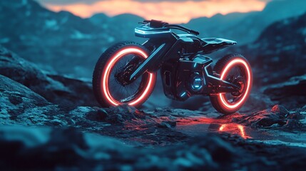 Futuristic motorcycle with neon lights parked on a rocky surface.