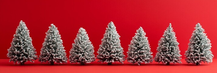 Sticker - Seven miniature snow-covered Christmas trees lined up in a row against a vibrant red background, creating a festive and minimalist holiday scene.