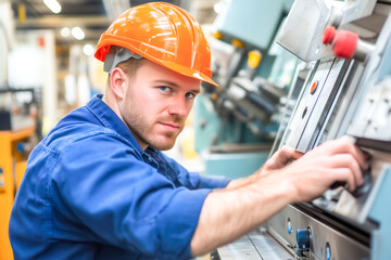 Industrial worker operating cnc machine at metal machining industry