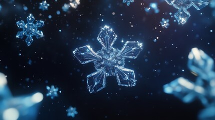 Wall Mural - Delicate snowflakes falling gracefully on a dark blue background during a winter evening