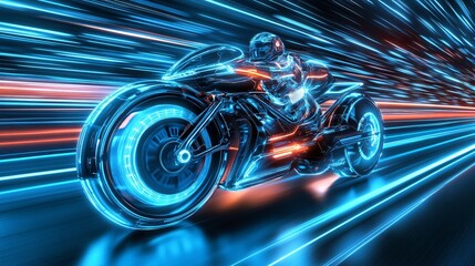 Wall Mural - Futuristic motorcycle with neon lights streaks across the asphalt.