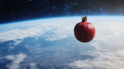 Surreal concept of a pomegranate floating in space above Earth