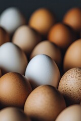 Various eggs in different shades arranged closely together on a dark surface