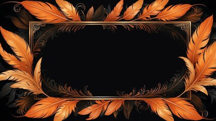 Wall Mural - orange feather themed border frame on black background