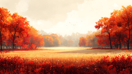 A serene landscape showcasing vibrant autumn trees in shades of orange, with a peaceful meadow under a soft, cloudy sky.