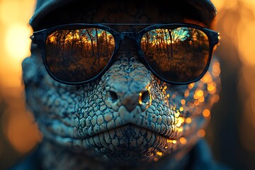 Stylish lizard wearing sunglasses in a sunset forest scene