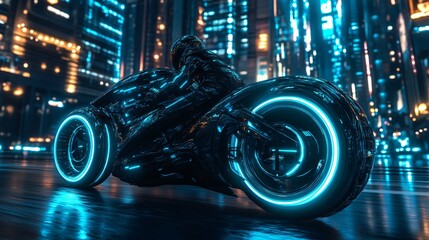 Wall Mural - Futuristic motorcycle with glowing blue wheels speeding through a neon city at night.