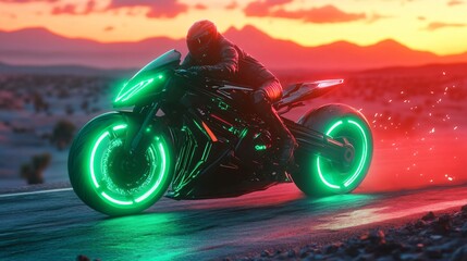 Wall Mural - Futuristic motorcycle with glowing green wheels rides on a desert road at sunset.