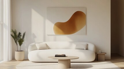 Wall Mural - A modern living room featuring a unique sofa, abstract artwork, and indoor greenery in soft light