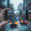© Ace64 Studio - Live video content online streaming marketing concept.hands holding mobile phone on blurred urban city as background.