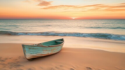 serene coastal scene with weathered wooden paddleboat resting on golden sand gentle waves lapping at the shore under a pastel sunset sky