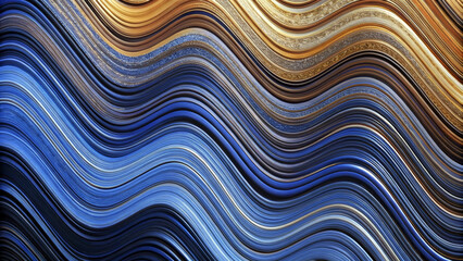 Canvas Print - Wavy lines in shades of blue and gold create a mesmerizing pattern. The undulating bands of color evoke a sense of movement and fluidity. AI generated.