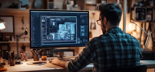 man working on a computer with a blueprint on the screen.