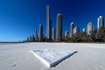Poster - Clean, abstract skyline of a city, using simple lines and shapes to depict tall buildings and open spaces in a modern style